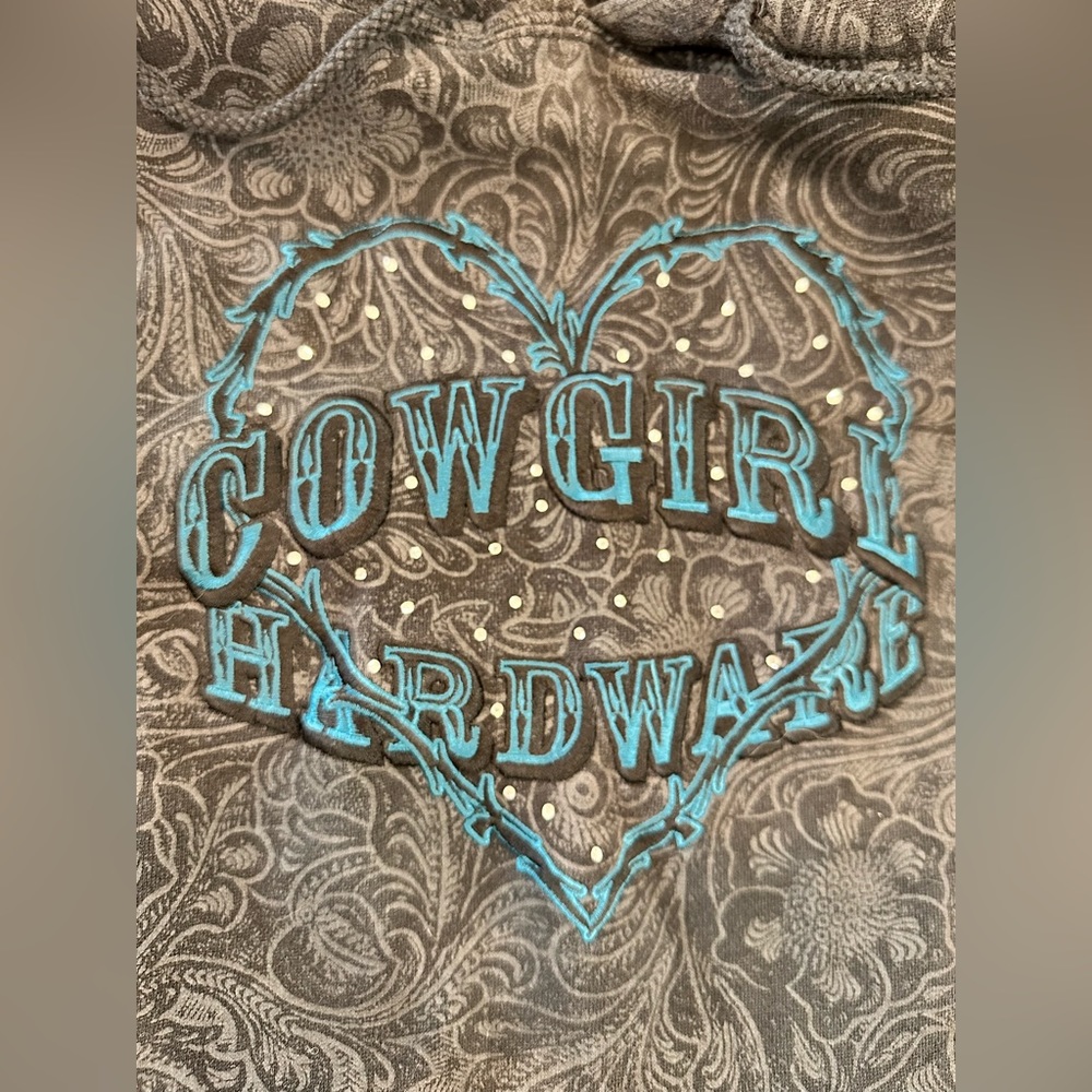 Cowgirl Hardware Black Grey Paisley Hoodie Blue Logo Rhinestones Bling Heart M - Picture 10 of 15